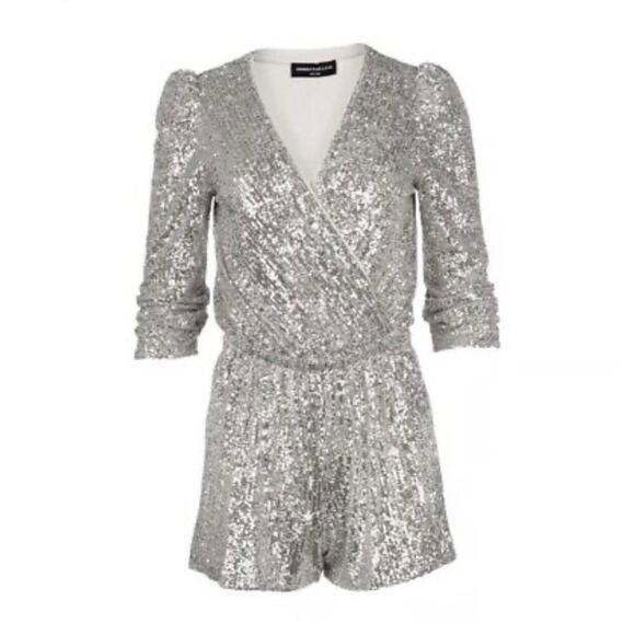 NWT Generation Love Allegra Sequined Faux Wrap Jumpsuit Silver Small - Picture 1 of 6